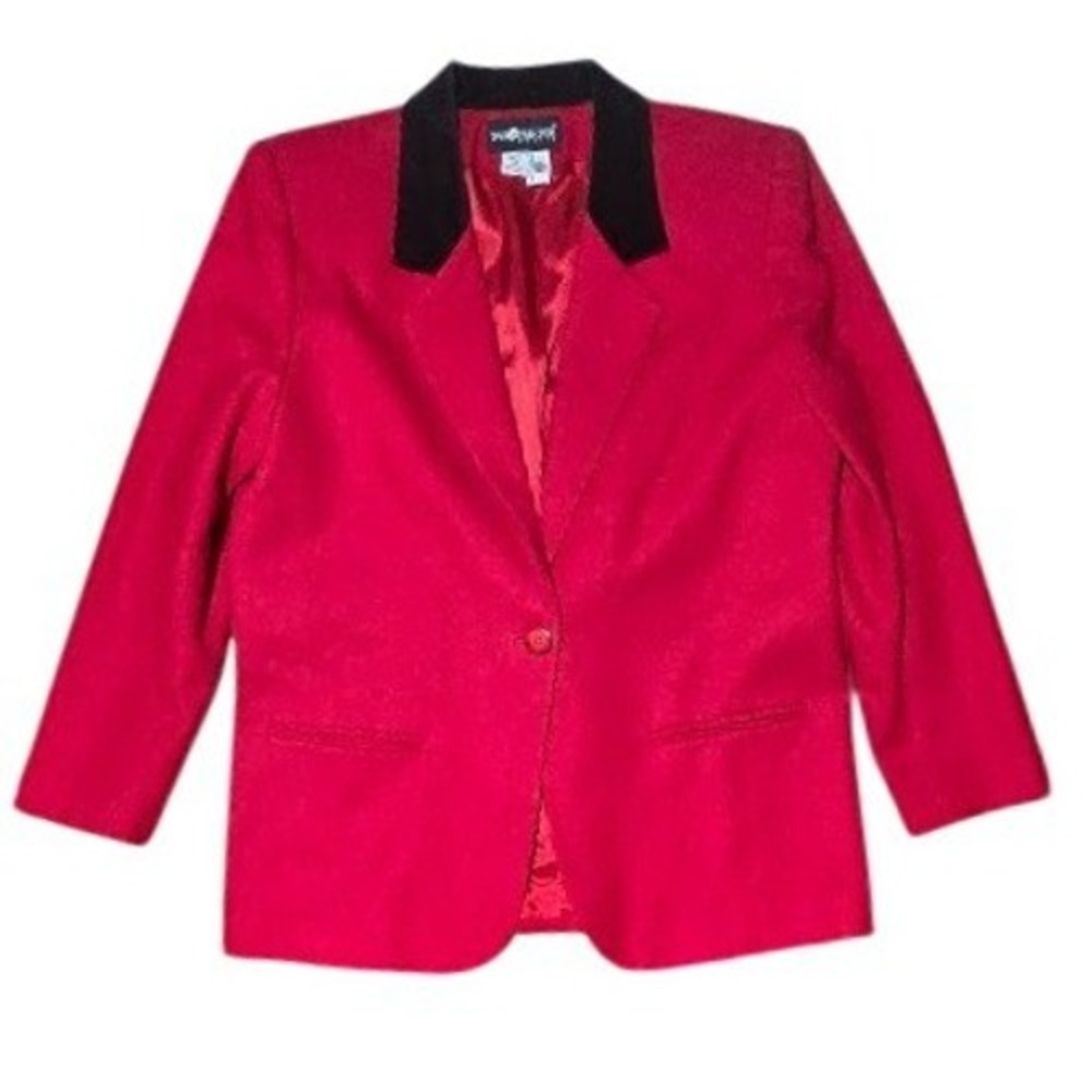 PLUS 14P VINTAGE SAG HARBOR woman classic wool blazer shoulder red‎ black lapel